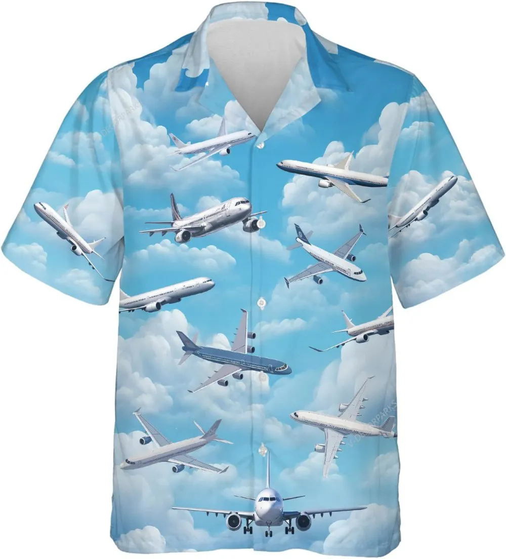 Airplane And Blue Sky Hawaiian Shirt For Men, Airplane Summer Beach Shirt, Casual Button Down Shirt Short Sleeve, Pilot Gift, Hawaiian Aloha Shirt