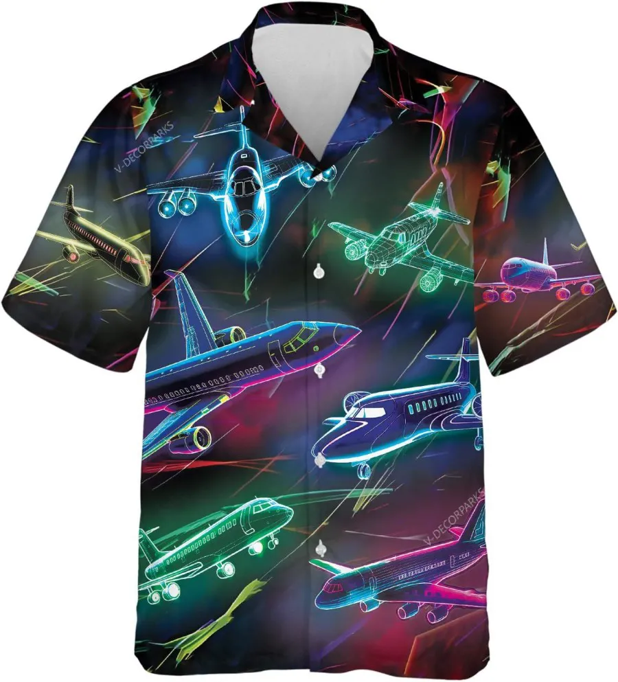 Neon Airplane Hawaiian Shirt For Men, Colorful Plane Summer Beach Shirt, Neon Button Down Shirt Short Sleeve, Aircraft Hawaiian Style Shirts