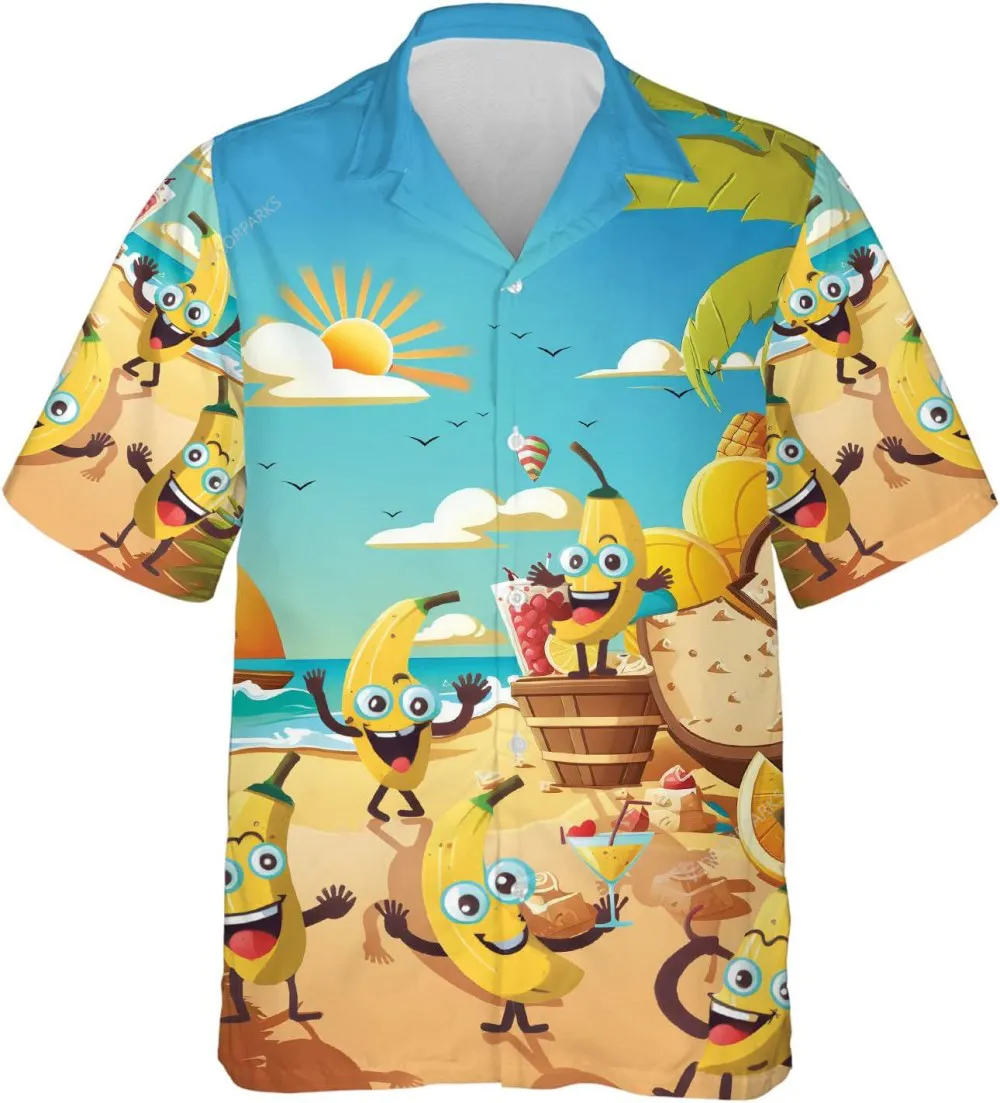 Funny Bananas Party On The Beach Hawaiian Shirt For Men Women, Tropical Fruit Mens Button Down Shirt, Summer Vacation Hawaiian Shirt
