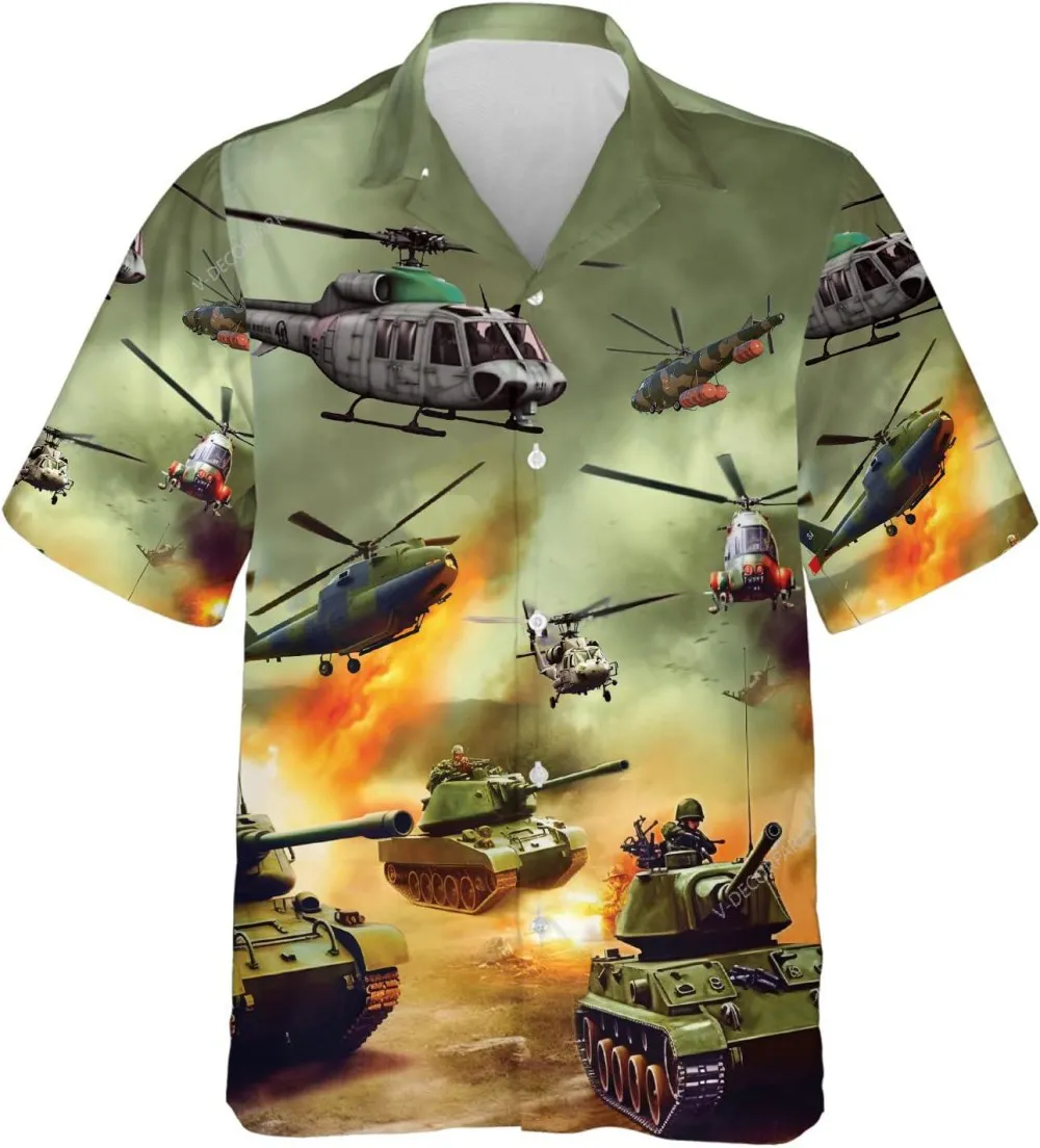 Helicopter And Tank Fighting Hawaiian Shirt For Men, Military Button Down Shirt, Army Aloha Mens Shirts Short Sleeve, Summer Beach Shirt