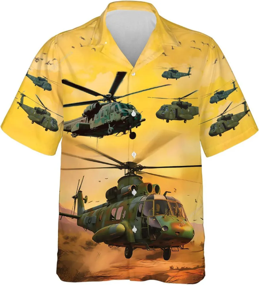 Landing Helicopter Hawaiian Shirt For Men, Airplane Casual Printed Beach Summer Shirt, Short Sleeve Button Down Hawaiian Shirt, Gift For Him