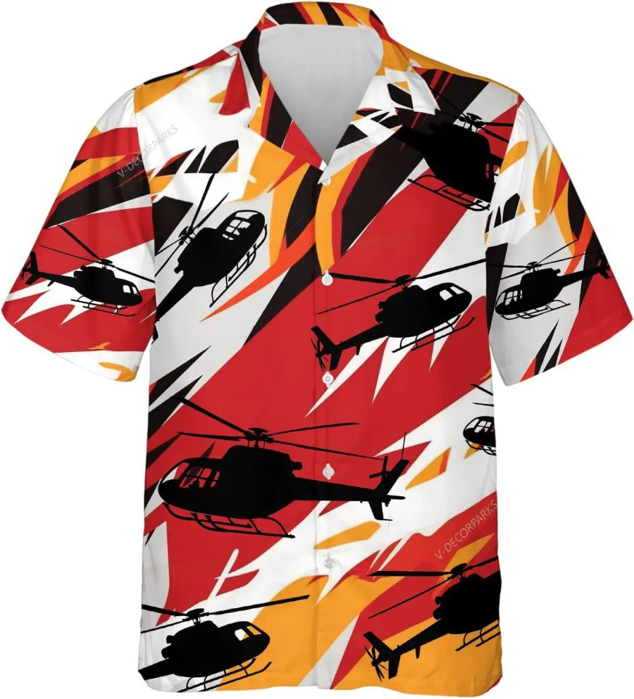 Helicopter Hawaiian Shirt For Men, Airplane Short Sleeve Button Down Shirt, Summer Aloha Shirt, Casual Printed Beach Summer Shirt, Vacation Shirt