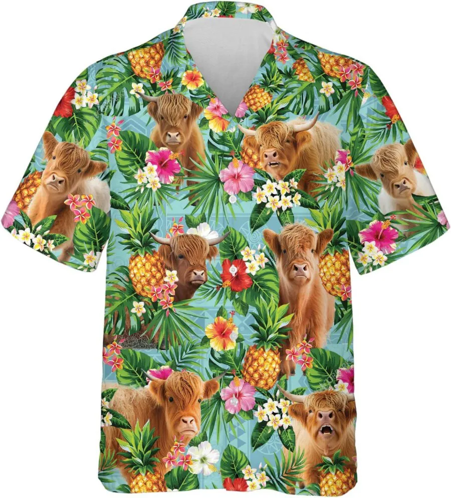 Highland Cattle Tropical Printed Shirt For Men Women, Highland Cow Hawaiian Shirt, Casual Buttown Down Shirt, Hawaiian Aloha Shirt, Summer Beach Shirt