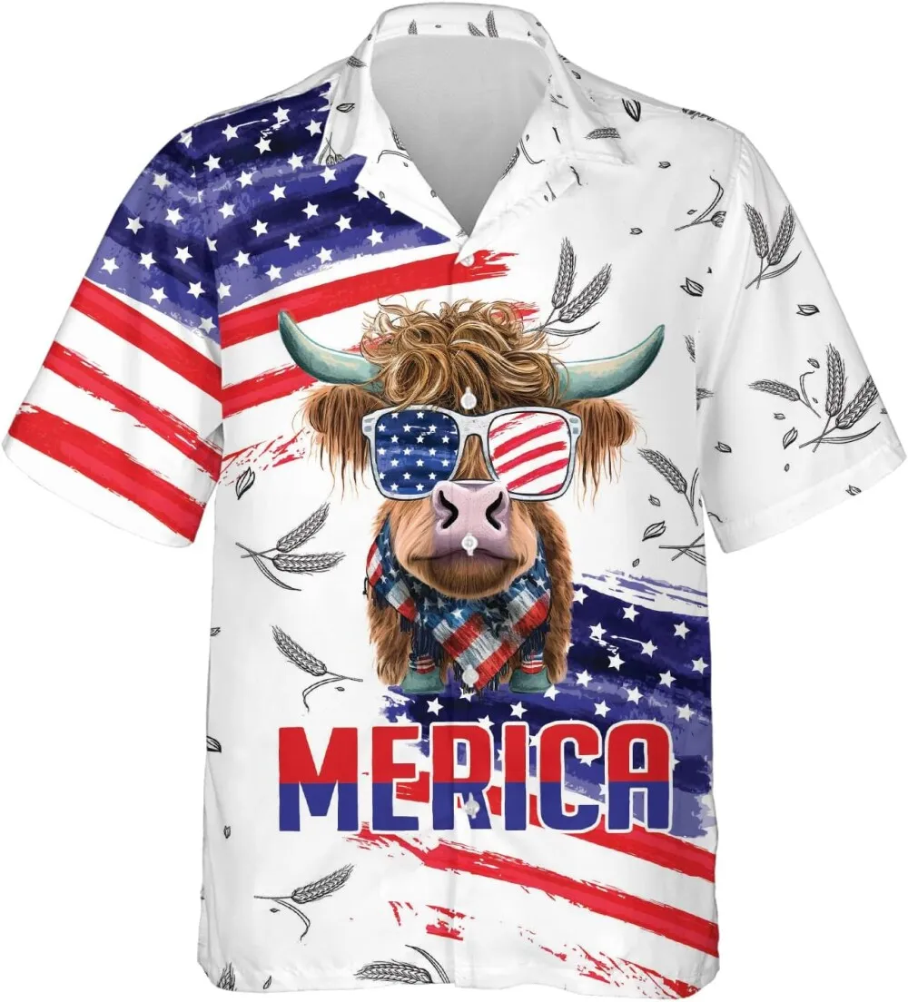 American Highland Cattle Hawaiian Shirts For Men Women, Funny Merica Hawaiian Shirt, Patriotic Cow Button Down Mens Hawaiian Shirts Short Sleeve