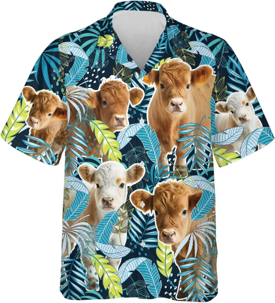 Baby Feather Highland Cattle Tropical Pattern Hawaiian Shirts, Baby Cow Button Down Hawaiian Shirts, Tropical Beach Shirt, Summer Aloha Shirt