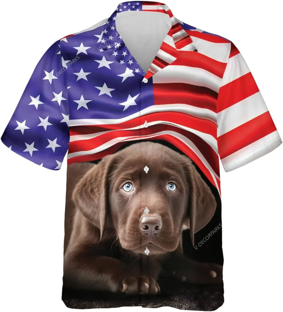 Baby Chocolate Labrador And American Flag Hawaiian Shirts For Men Women, Patriotic Shirt, Labrador Aloha Shirt, Casual Button Down Hawaiian Shirt