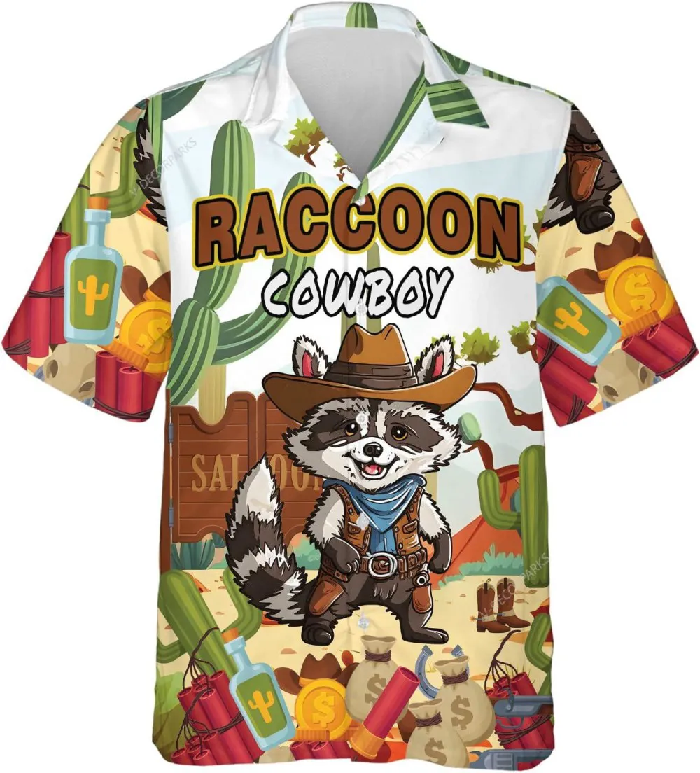 Funny Raccoon Cowboy Hawaiian Shirts For Men Women, Raccoon Summer Beach Shirt, Short Sleeve Button Down Hawaiian Shirt, Vintage Beach Shirt