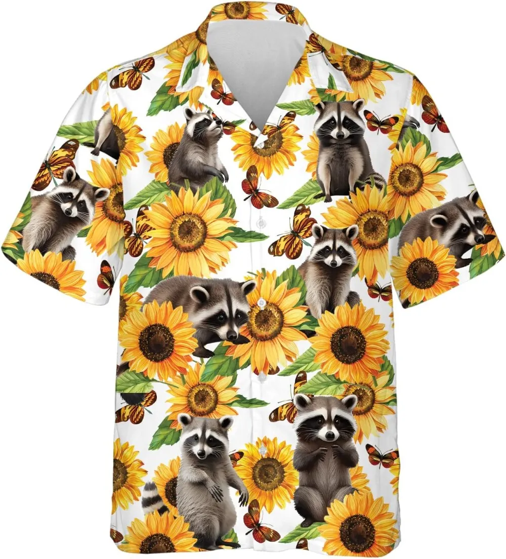 Raccoon Mens Hawaiian Shirts, Tropical Sunflowers Printed Shirt, Funny Raccoon Button Down Mens Hawaiian Shirts Short Sleeve, Gift For Raccoon Lovers