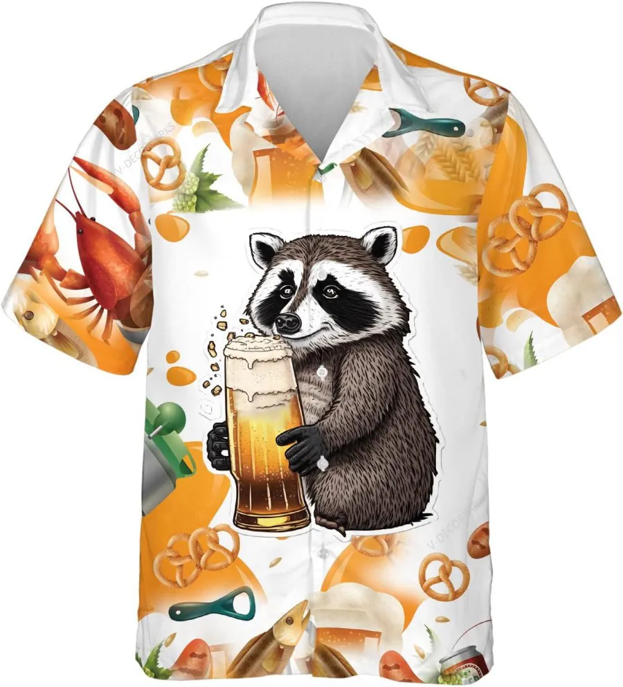 Raccoon And Beer Hawaiian Shirts For Men Women, Beer Festival Button Down Hawaiian Shirts Short Sleeve, Raccoon Aloha Shirt, Summer Beach Shirt