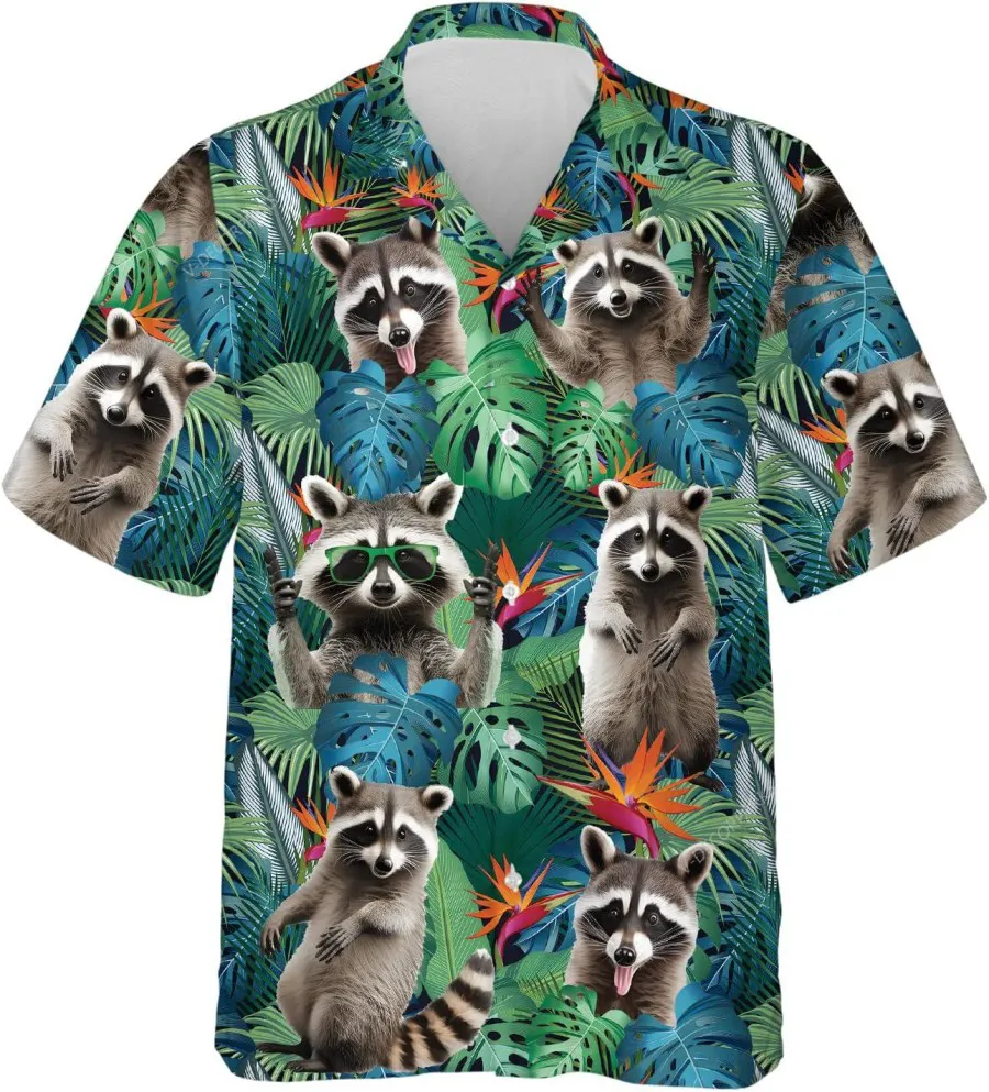 Funny Raccoon Tropical Pattern Shirt For Men Women, Raccoon Hawaiian Shirt, Summer Beach Shirt, Tropical Printed Shirt, Button Down Shirt, Aloha Shirt