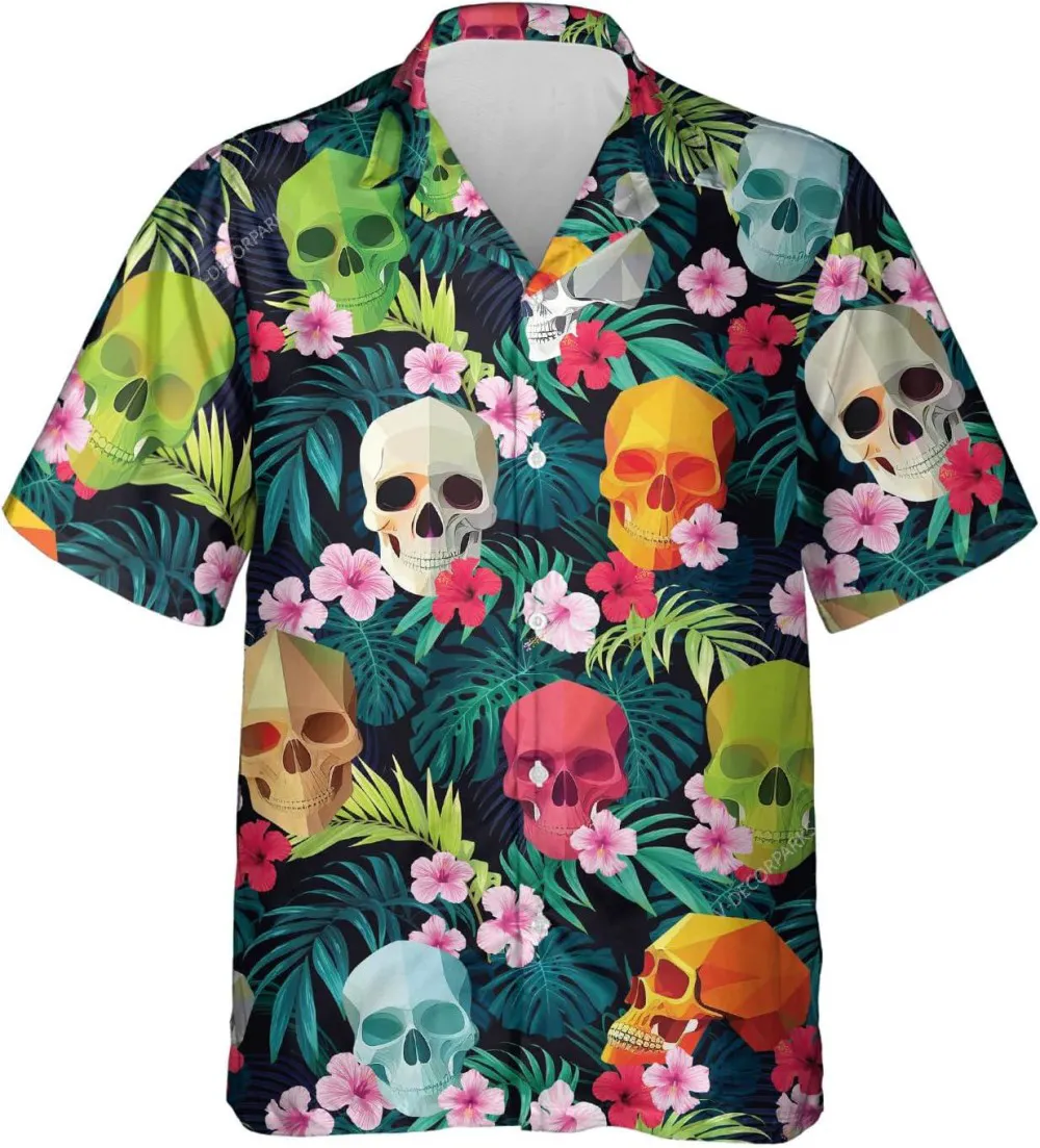 Colorful Skull Tropical Pattern Hawaiian Shirts For Men Women, Floral Skull Tropical Summer Beach Aloha Button Down Short Sleeve Mens Hawaiian