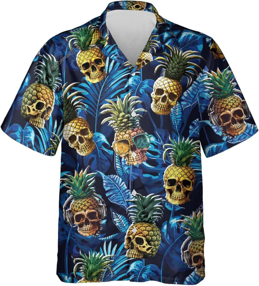 Pineapple Skull Tropical Pattern Hawaiian Shirts For Men Women, Tropical Beach Shirt, Casual Printed Beach Summer Shirt, Button Down Hawaiian Shirt