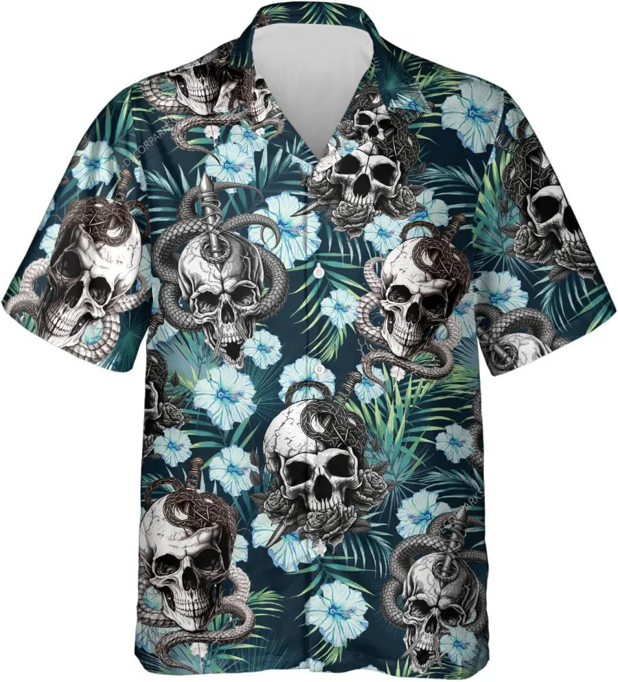 Skull And Snake Tropical Pattern Hawaiian Shirt For Men Women, Skull Tropical Beach Shirt, Hawaiian Casual Button Down Shirt, Summer Aloha Beach Shirt