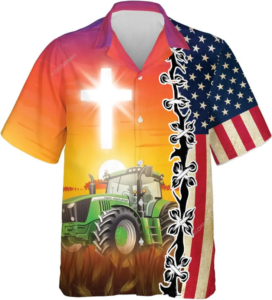 Jesus & Tractor American Hawaiian Shirts For Men Women, Farm Tractor Button Down Mens Hawaiian Shirts Short Sleeve, Casual Printed Beach Shirt