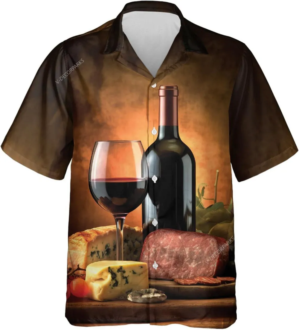 Wine And Cheese Hawaiian Shirt For Men Women, Red Wine Button Vintage Aloha Hawaii Shirt, Casual Button Down Short Sleeve Shirt, Gift For Wine Lovers
