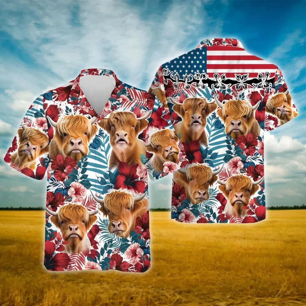 Floral Highland Cattle Hawaiian Shirts For Men, Patriotic Cow Button Down Short Sleeve Shirt, Hibiscus Pattern Summer Shirts, Tropical Printed Shirts