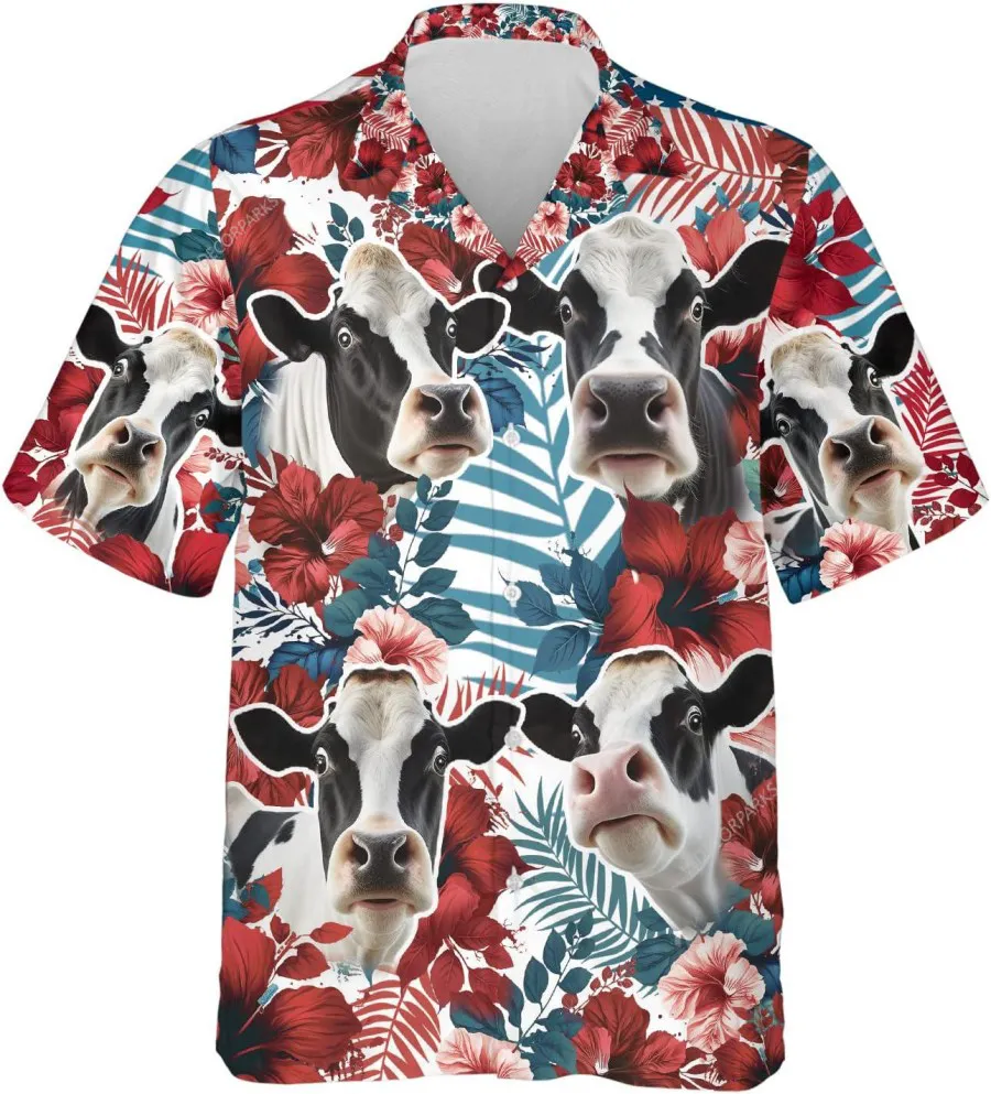 Hibiscus Flower And Holstein Tropical Hawaiian Shirts For Men Women, Cow Button Down Hawaiian Shirt, Tropical Beach Shirt, Family Aloha Shirts