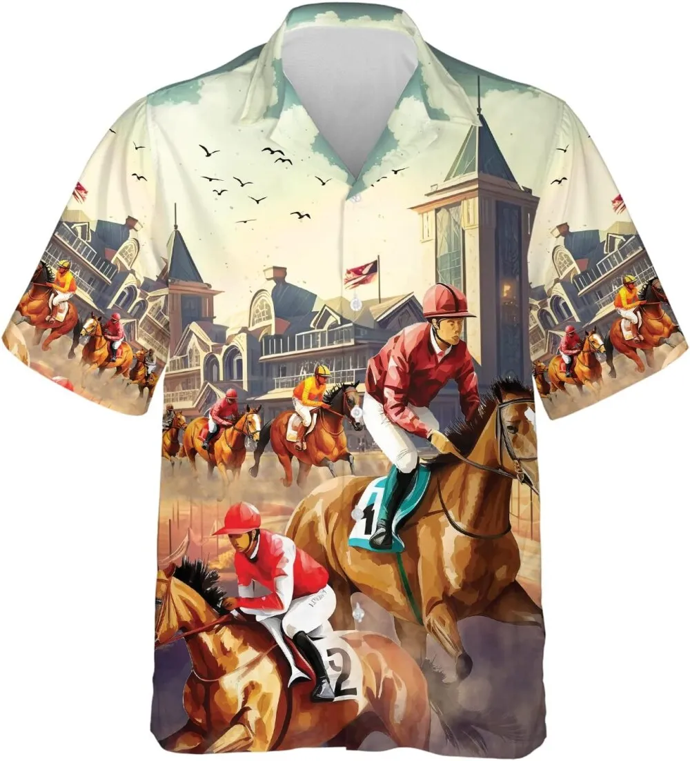 Horse Racing Hawaiian Shirts For Men Women, Horse Summer Shirts, Vibrant Racecourse Button Down Short Sleeve Shirts, Gift For Horse Racing Lovers