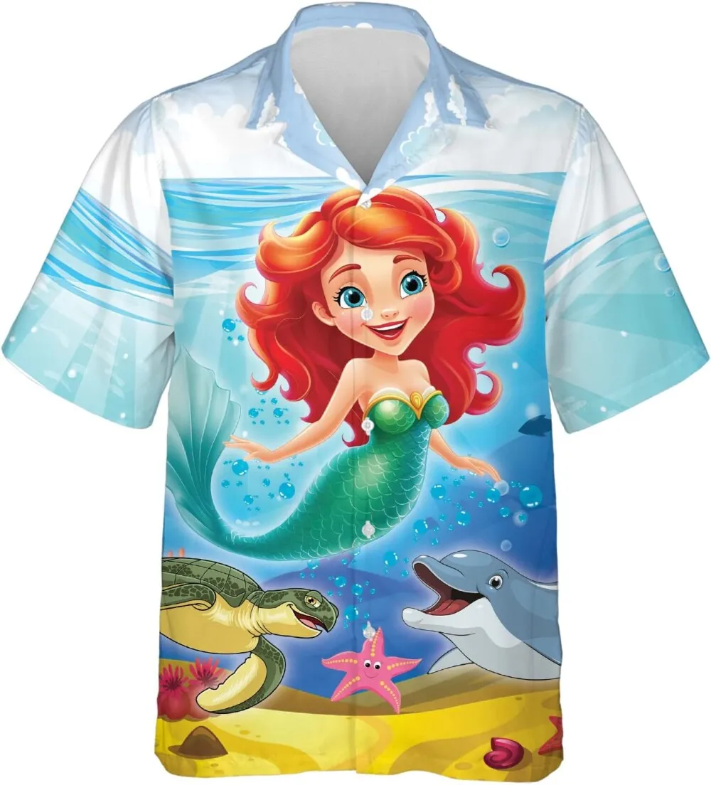 Little Mermaid Hawaiian Shirts, Sea Animals Hawaiian Shirts For Men Women, Ocean World Casual Short Sleeve Button Down Shirts, Summer Beach Shirts
