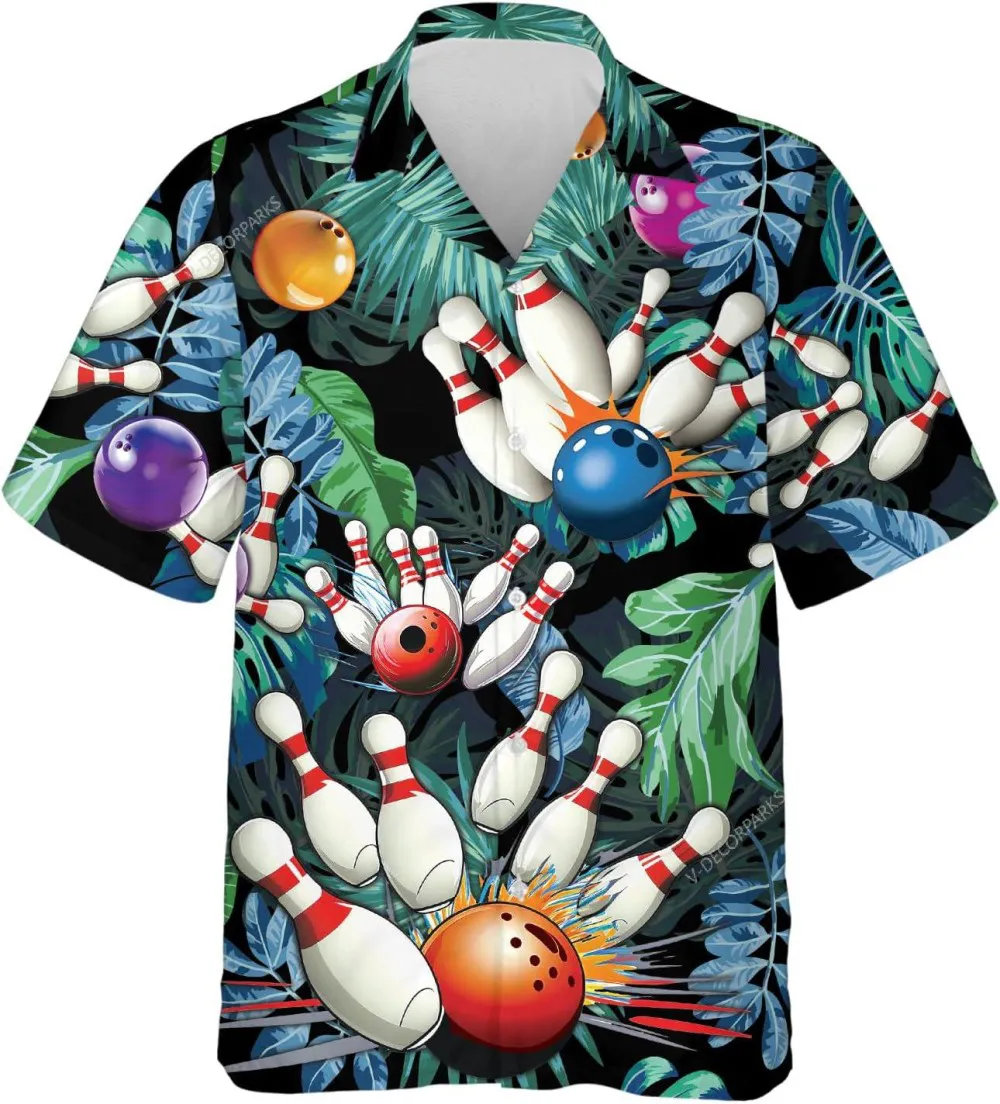 Bowling Tropical Pattern Hawaiian Shirt For Men Women, Bowling Strike Summer Shirt, Tropical Beach Shirt, Casual Button Down Hawaiian Shirt