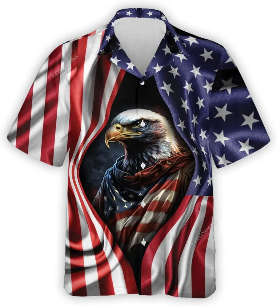 Patriotic American Bald Eagle Hawaiian Shirts For Men Women, American Flag Shirt, Patriotic Shirt, Button Down Hawaiian Shirt, Summer Aloha Shirt