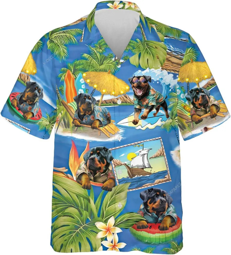Funny Rottweiler Dog On The Beach Hawaiian Shirt, Rottweiler Tropical Beach Shirt, Hawaiian Aloha Shirt, Short Sleeve Button Down Hawaiian Shirt