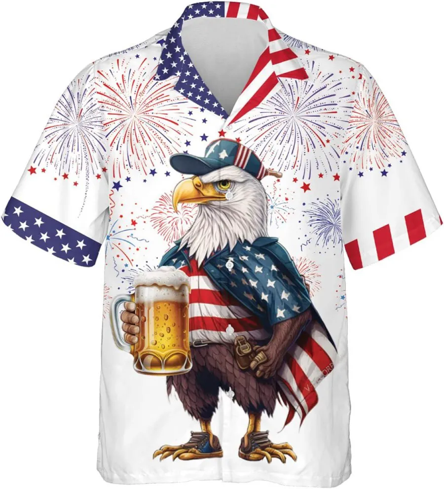 American Eagle Holding Beer Hawaiian Shirts For Men Women, Eagle Hawaiian Aloha Shirt, Independence Short Sleeve Button Down Shirt, Patriotic Shirt