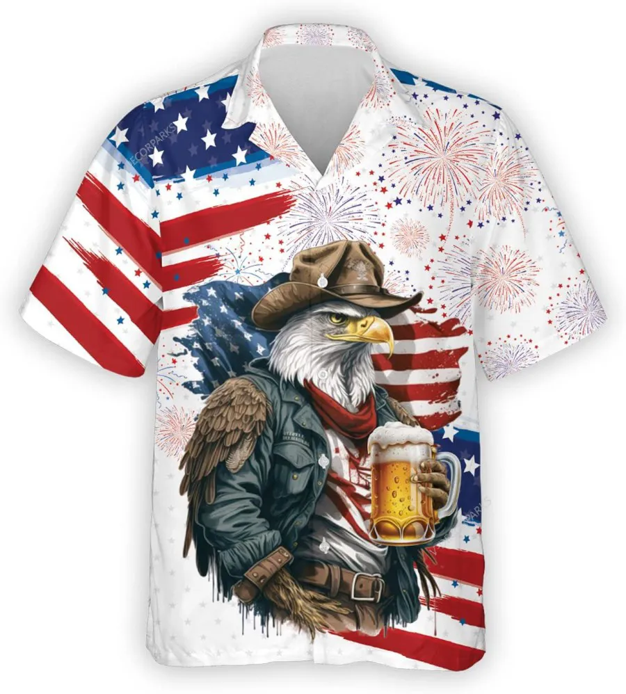American Eagle Cowboy With Beer Hawaiian Shirts For Men Women, Patriotic Shirt, Independence Day Shirt, Eagle Summer Aloha Shirt, Button Down Shirt