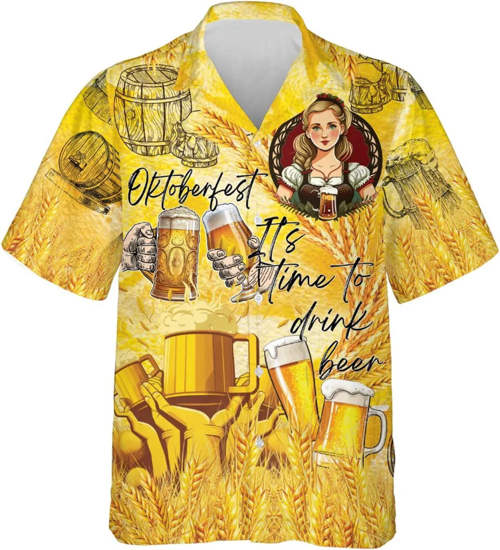 Oktoberfest Its Time To Drink Beer Hawaiian Shirt For Men Women, German Beer Hawaiian Shirts, Casual Button Down Shirt, Aloha Beach Shirt