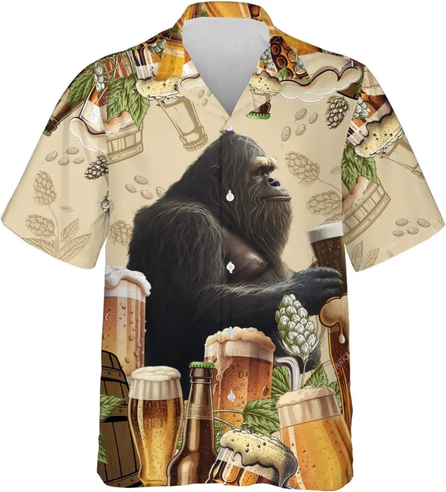 Vintage Bigfoot And Beer Hawaiian Shirt, Beer Sasquatch Hawaiian Shirt Short Sleeve, Casual Button Down Shirt, Oktoberfest Shirt, Bigfoot Shirt