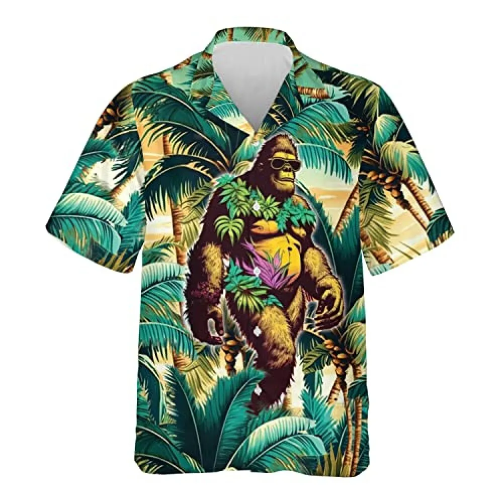 Bigfoot Mens Hawaiian Shirts, Sasquatch Summer Shirt, Funny Bigfoot Animal Hawaiian Shirt, Bigfoot Casual Short Sleeve Button Down Beach Summer Shirts