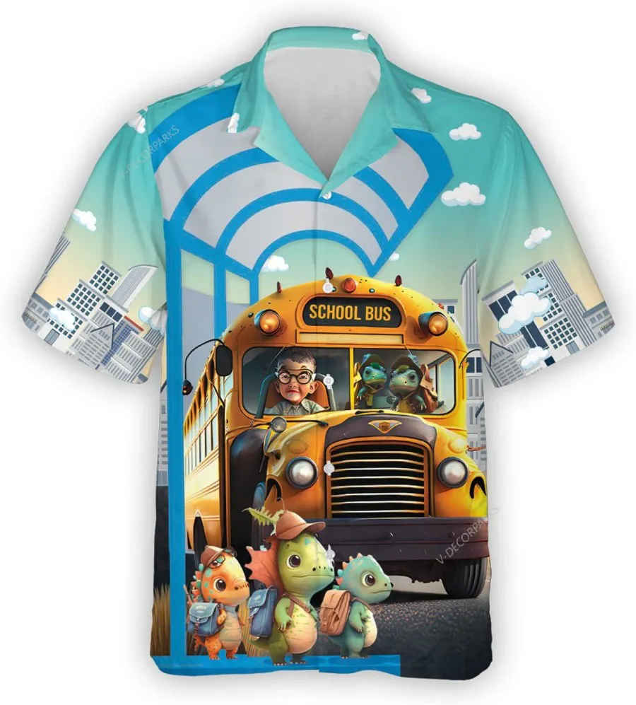 School Bus And Kindergarten Dinosaur Hawaiian Shirt, Bus Driver Aloha Shirt, Back To School Hawaiian Shirts, Casual Printed Beach Summer Shirt