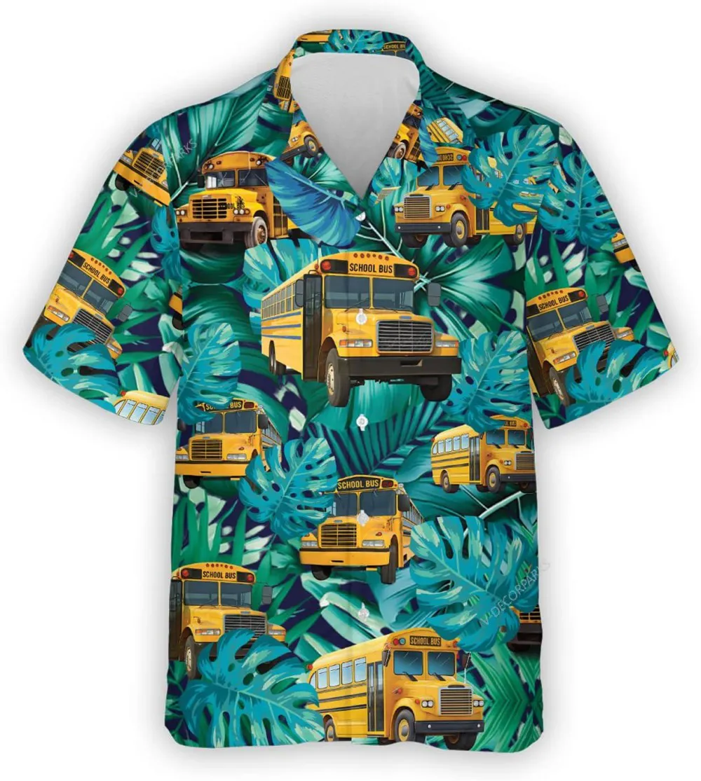 Yellow School Bus Tropical Pattern Hawaiian Shirt For Men Women, Bus Drivers Casual Button Down Shirt, Back To School Shirts, Hawaiian Style Shirts