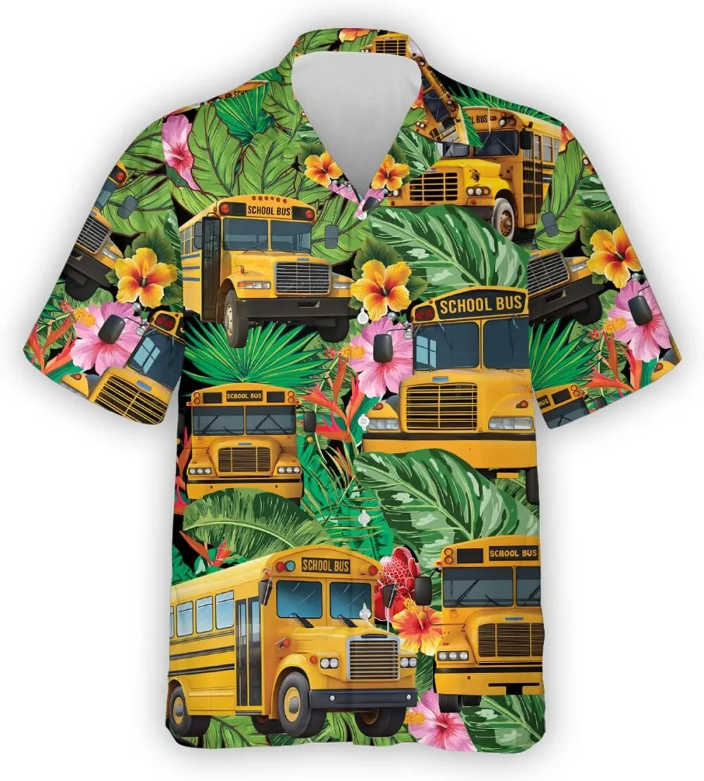 School Bus Hawaiian Shirt For Men Women, Tropical Pattern School Bus Summer Beach Shirt, Summer Short Sleeve Shirts Back To School Shirts Button Down