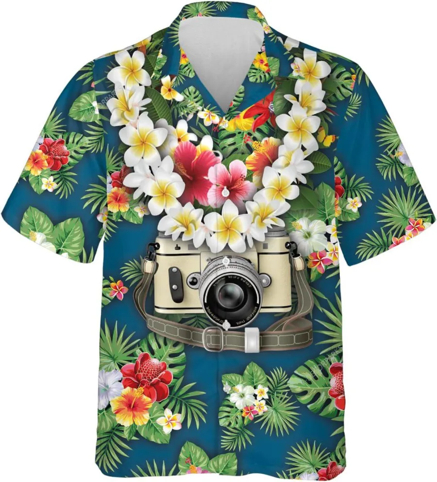 Camera Tropical Pattern Hawaiian Shirts, Gift For Photography Lover, Camera Summer Beach Shirt, Floral Hibiscus Cameraman Shirt, Hawaiian Aloha Shirt