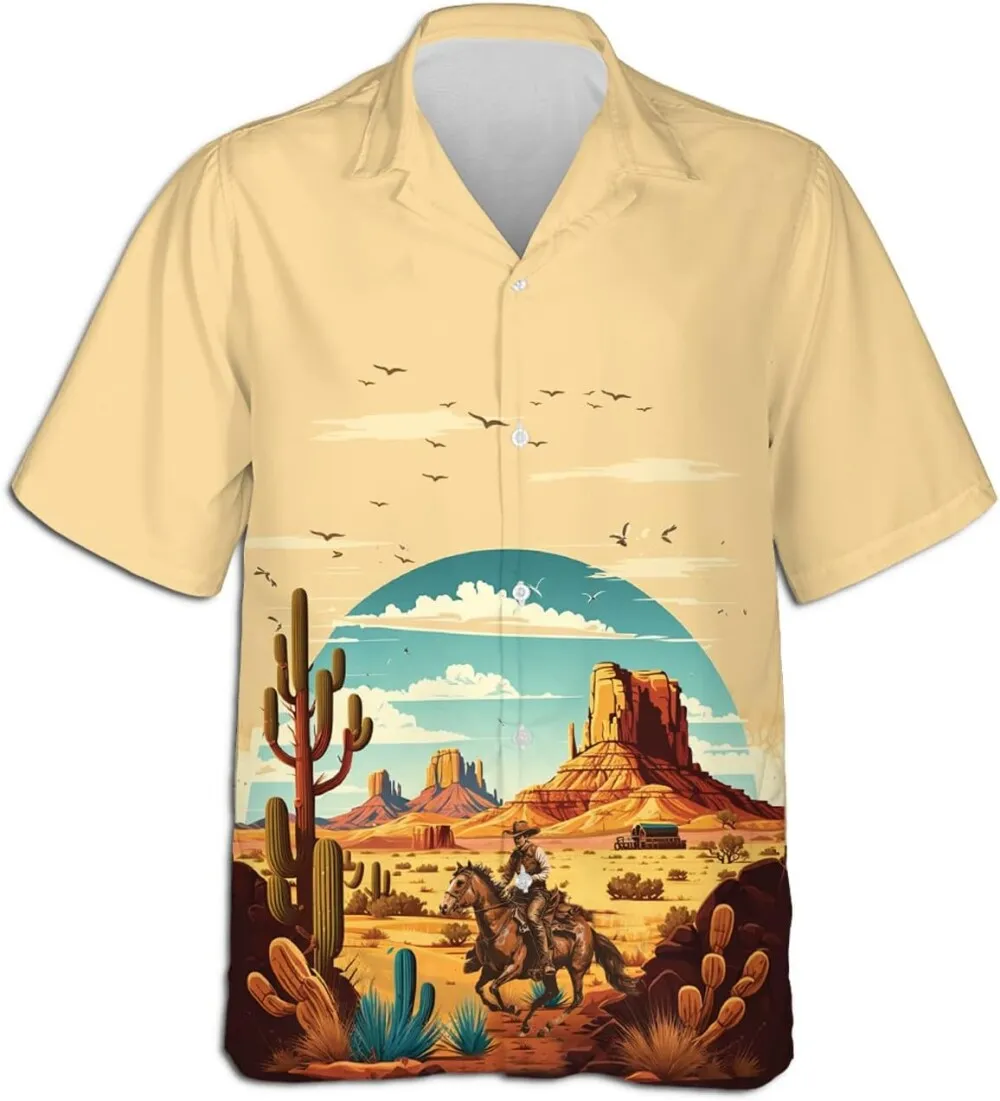 Western Desert Cowboy Hawaiian Shirts For Men, Western Cowboy Casual Button Down Short Sleeve Shirt For Men, Horse Summer Shirts Gift For Horse Lovers