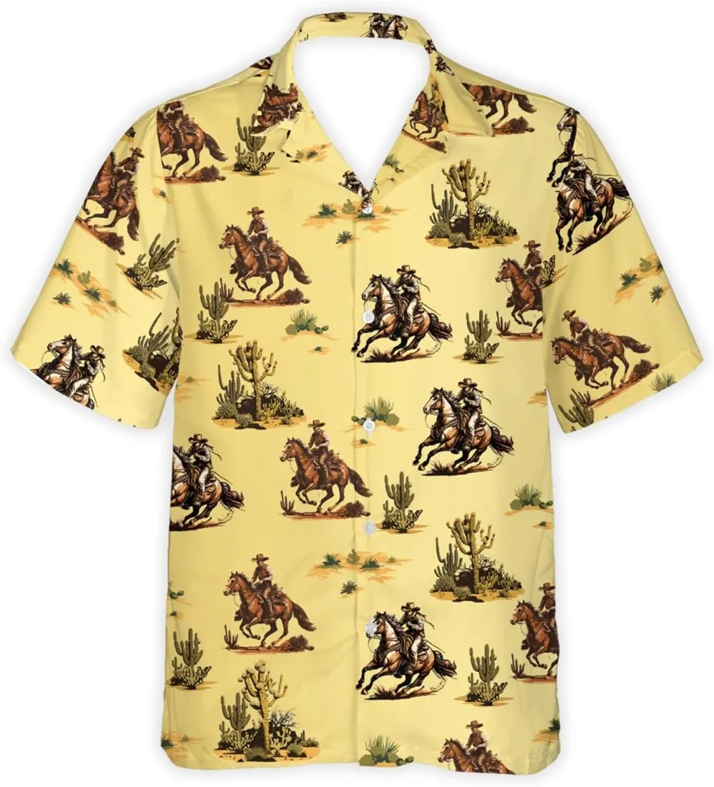 Horse Racing Mens Hawaiian Shirts, Western Desert Cowboy Hawaiian Shirt, Retro Cactus Casual Short Sleeve Button Down Hawaiian Shirts For Men Women
