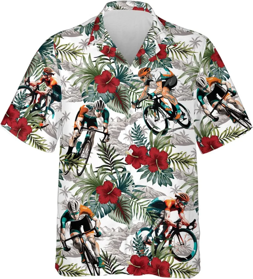 Cycling Tropical Pattern Hawaiian Shirt For Men, Riding Bicycle Short Sleeve Button Down Hawaiian Shirts, Tropical Beach Shirt, Vintage Beach Shirt