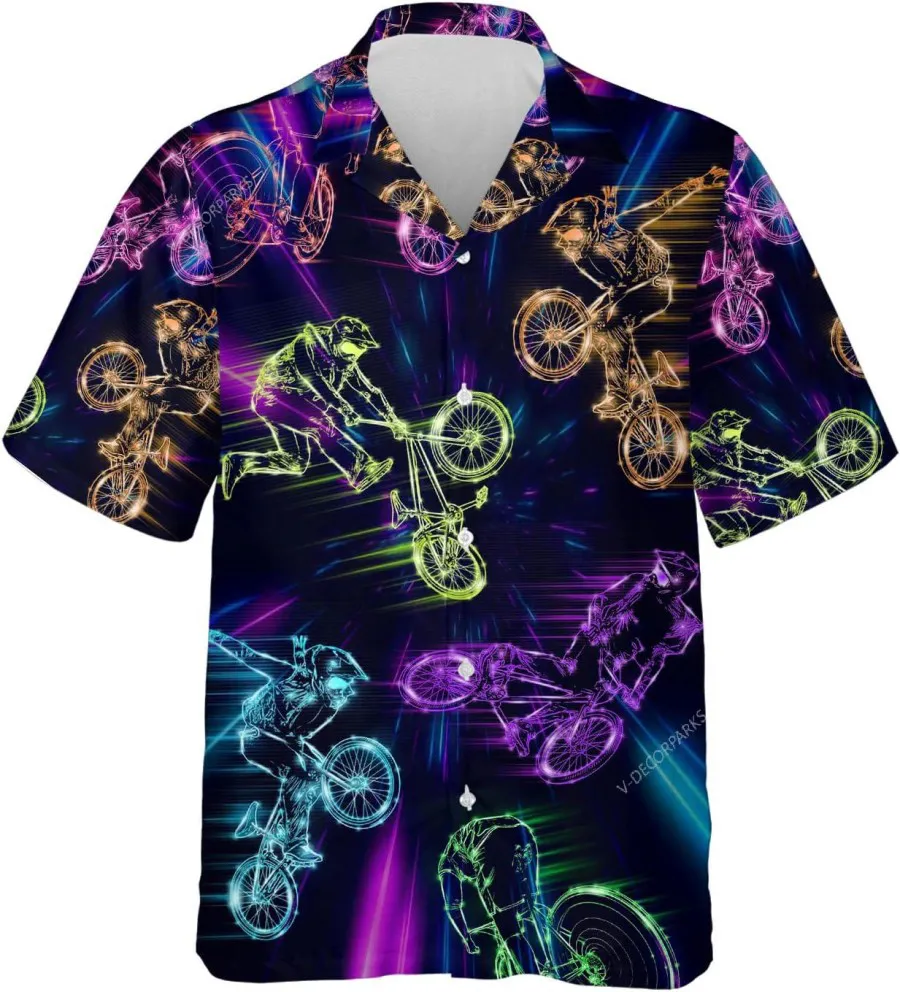 Neon Galaxy Bike Racing Hawaiian Shirts For Men, Bikers Short Sleeve Button Down Shirt, Casual Printed Beach Shirt, Hawaiian Style Shirt, Aloha Shirt