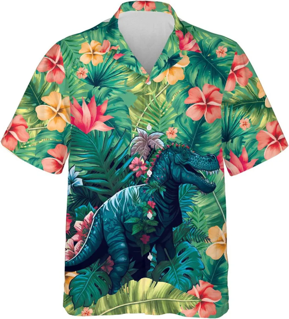 Hibiscus Dinosaur Tropical Pattern Hawaiian Shirts For Men, Tropical T-rex Summer Mens Hawaiian Shirts Short Sleeve, Summer Beach Shirt, Aloha Shirt