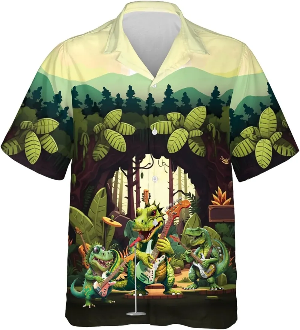 Funny Dinosaurs Play Guitar Hawaiian Shirt For Men, Tropical Forest Casual Short Sleeve Button Down, Funny Dino Summer Beach Shirts, Aloha Shirts