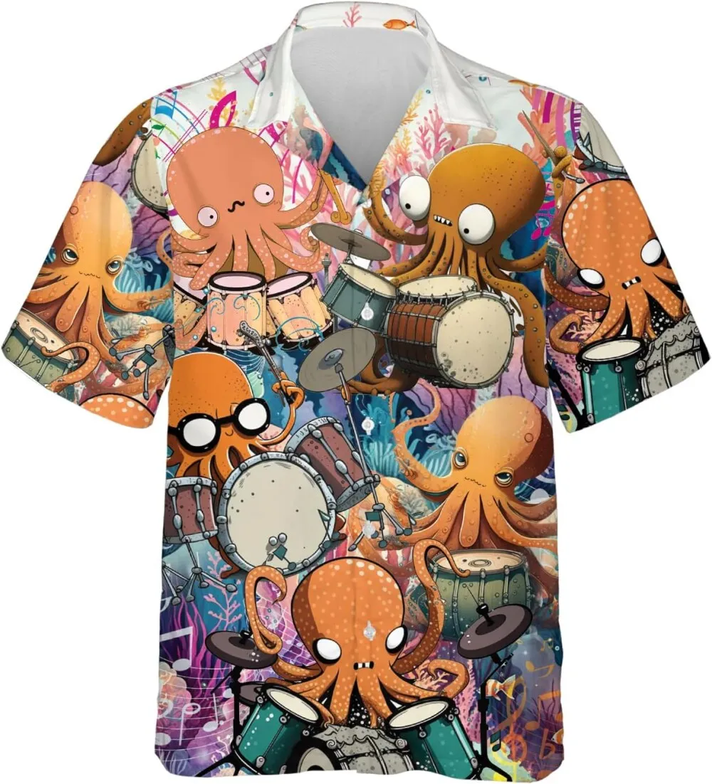 Octopus Playing Drums Hawaiian Shirts For Men Women, Drum Musical Instrument Summer Beach Shirts, Funny Octopus Short Sleeve Button Down Aloha Shirts