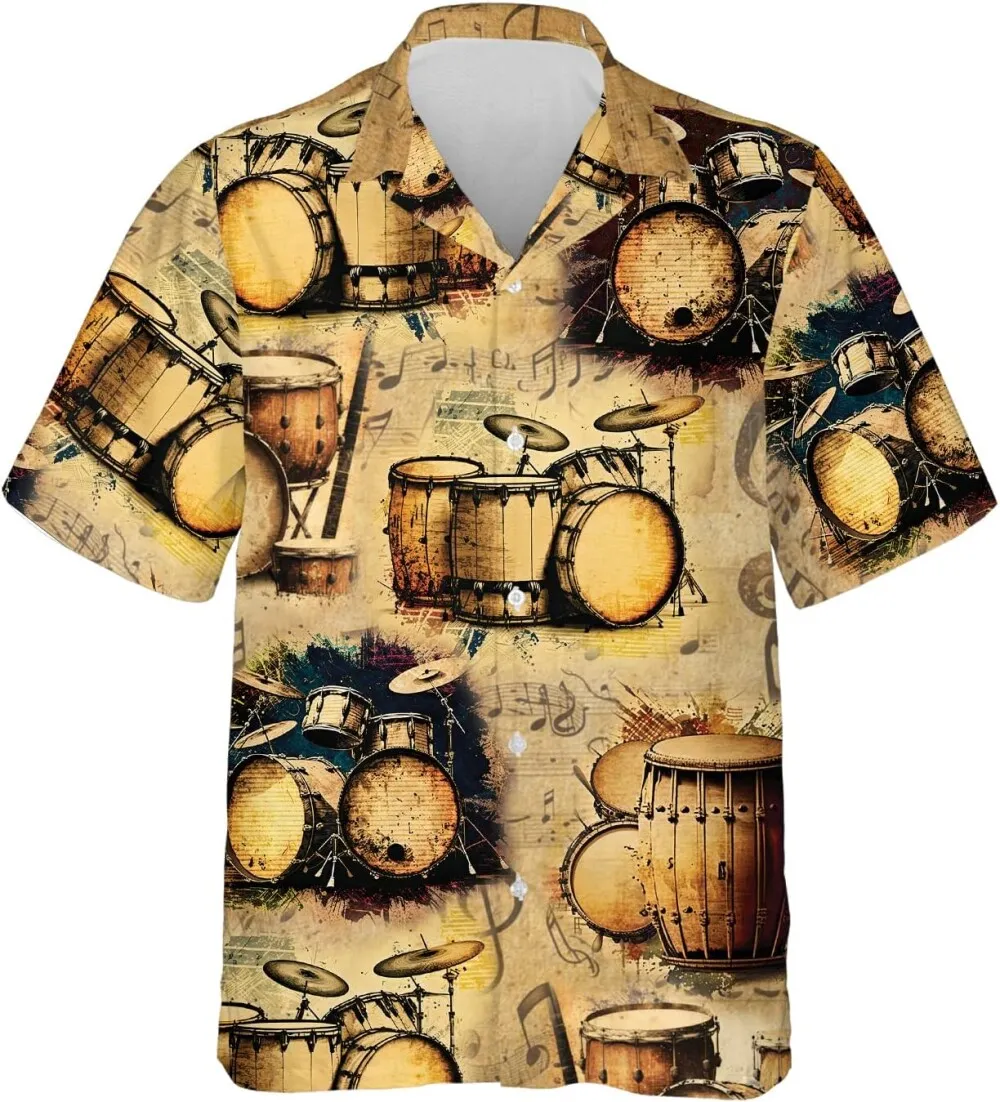 Vintage Drums Mens Hawaiian Shirt, Drum Musical Instrument Hawaiian Shirt, Short Sleeve Button Down, Aloha Summer Beach Shirt, Music Pattern Shirt