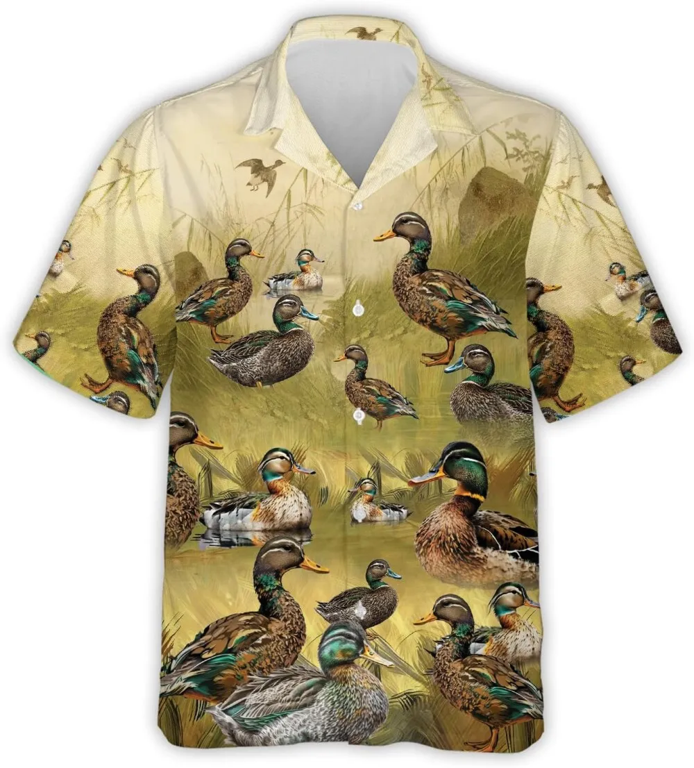 Grass Ducks Mens Hawaiian Shirt, Vintage Mallard Ducks Hawaiian Shirts, Casual Short Sleeve Button Down Hawaiian Shirts For Men, Gift For Duck Lovers