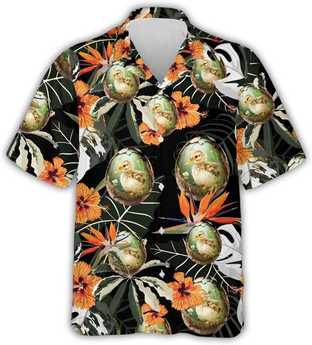 Cute Duck Hawaiian Shirt For Men, Funny Animals Casual Short Sleeve Button Down Shirts, Tropical Hibiscus Pattern Summer Shirts, Gift For Duck Lovers