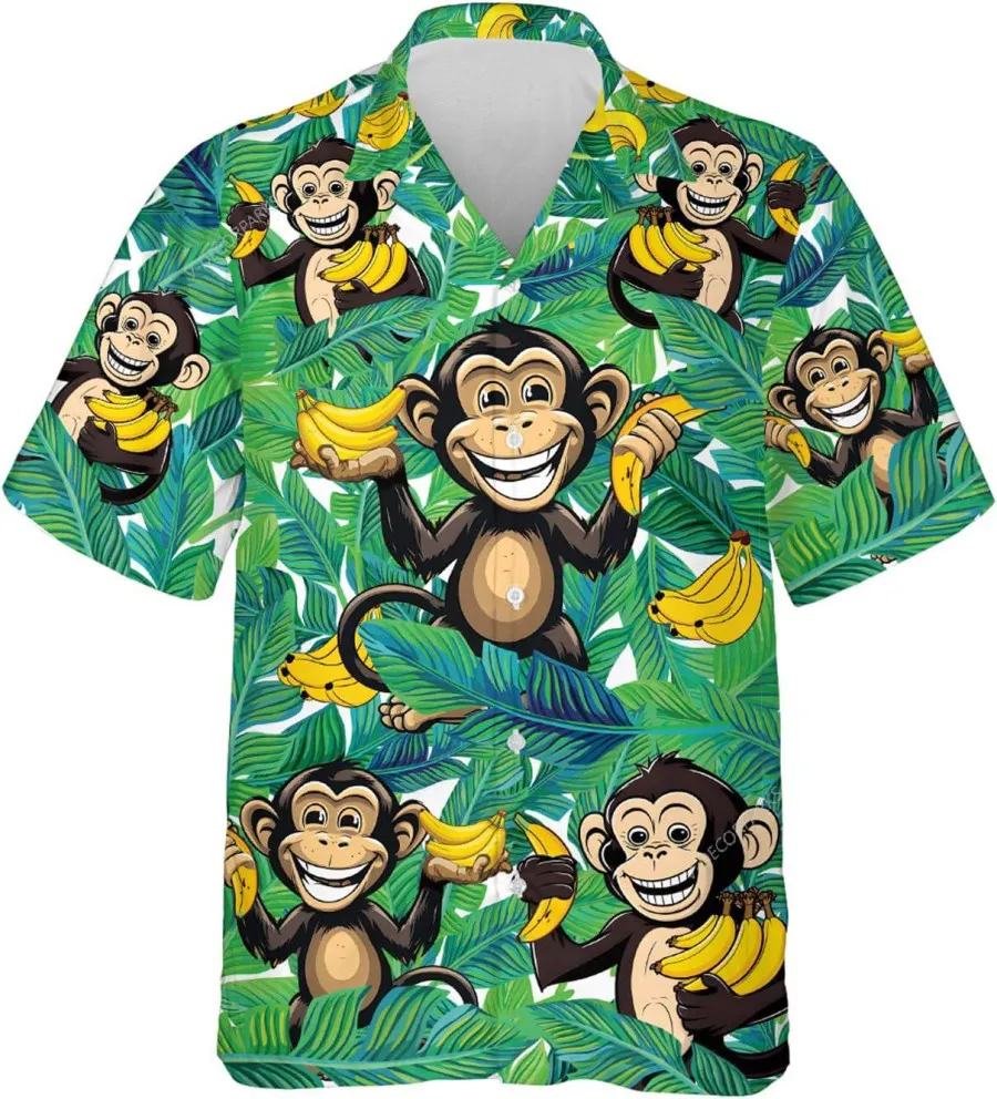 Funny Monkey With Banana Tropical Summer Mens Hawaiian Shirts, Monkey Tropical Beach Shirt, Short Sleeve Button Down Hawaiian Shirt, Aloha Shirt