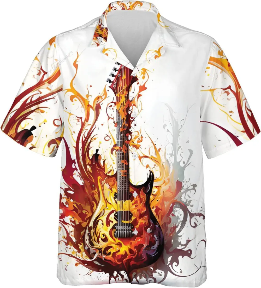 Guitar And Flame Summer Mens Hawaiian Shirt, Guitar Button Down Shirt, Casual Printed Summer Beach Shirt, Music Lovers Gift, Hawaiian Style Shirt