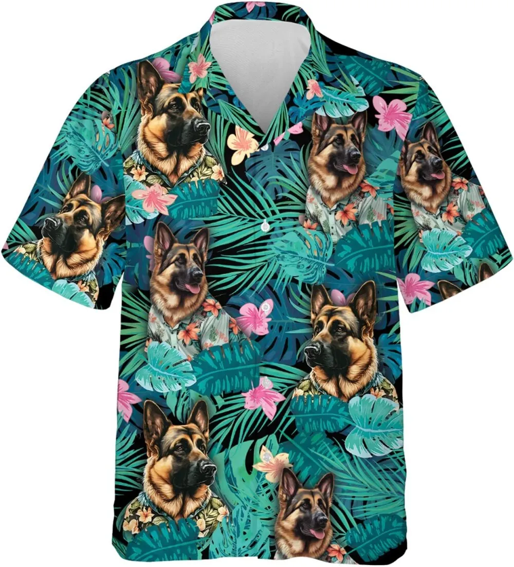 Dog Hawaiian Shirts For Men, German Shepherd Short Sleeve Button Down Shirt, Summer Beach Shirts, Tropical Floral Hawaiian Shirts, Gift For Dog Lovers