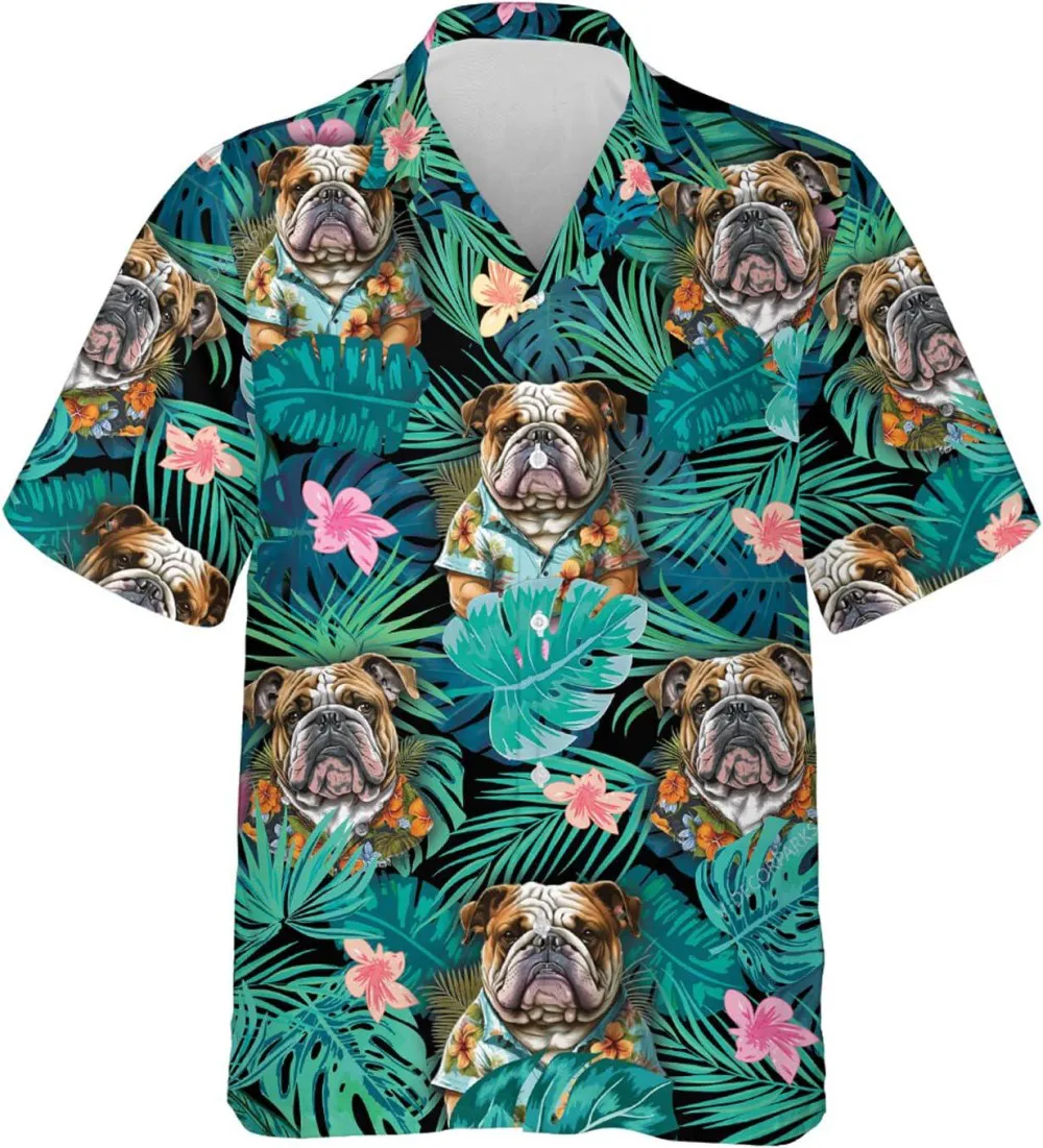 Bulldog Tropical Pattern Hawaiian Shirt For Men Women, Bulldog Short Sleeve Button Down Hawaiian Shirts, Family Aloha Shirts, Gift For Dog Lovers