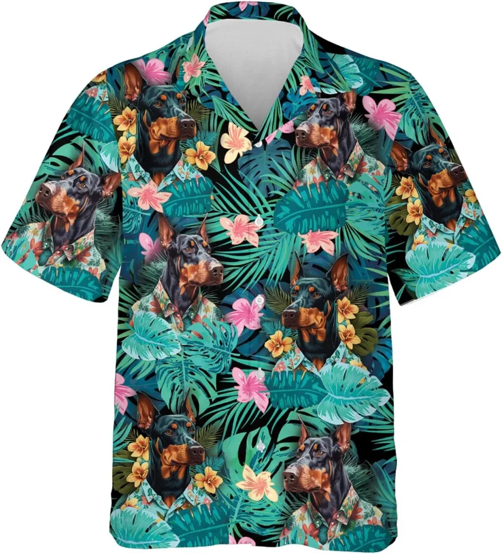 Doberman Pinscher Hawaiian Shirt, Tropical Floral Doberman Pinscher Short Sleeve Button Down Summer Beach Shirts For Men, Aloha Shirts For Dog Lovers